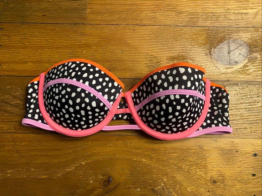 Victoria’s Secret 34B flirty bandeau strapless bikini top swimwear black dot